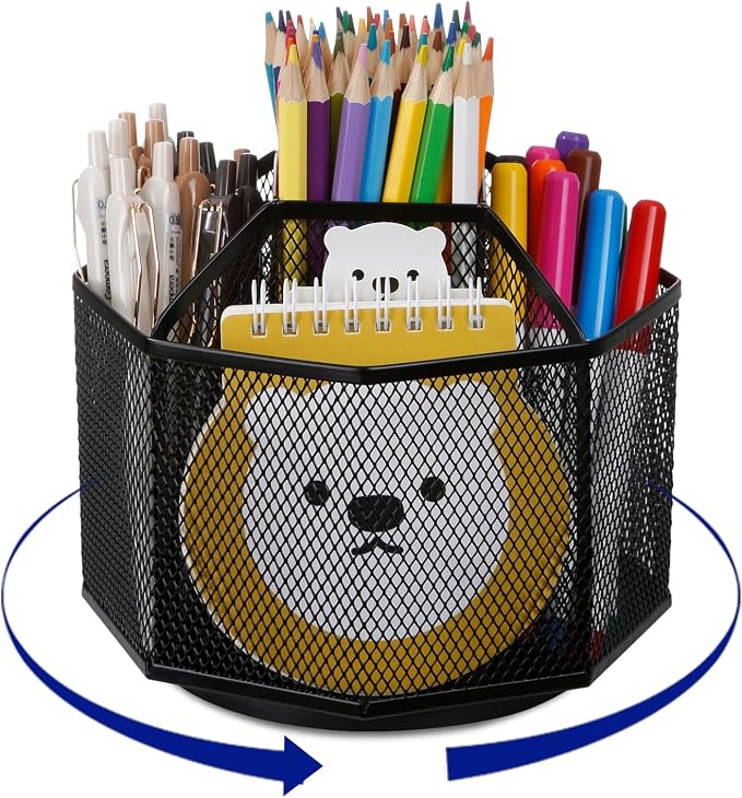 Comix Mesh 360° Rotating Pen Holder, Desk Organizer for Home Office, Black | 9 Compartment Pencil Holder, Sticky Notes Holder, Pen Organizer Office Supplies