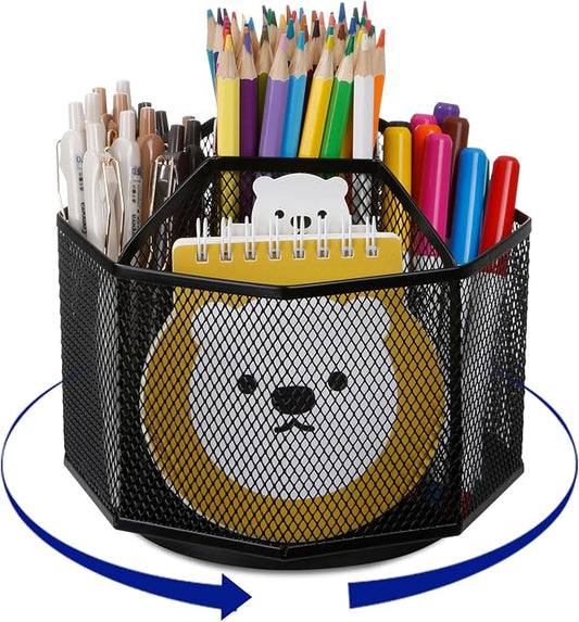 Comix Mesh 360° Rotating Pen Holder, Desk Organizer for Home Office, Black | 9 Compartment Pencil Holder, Sticky Notes Holder, Pen Organizer Office Supplies