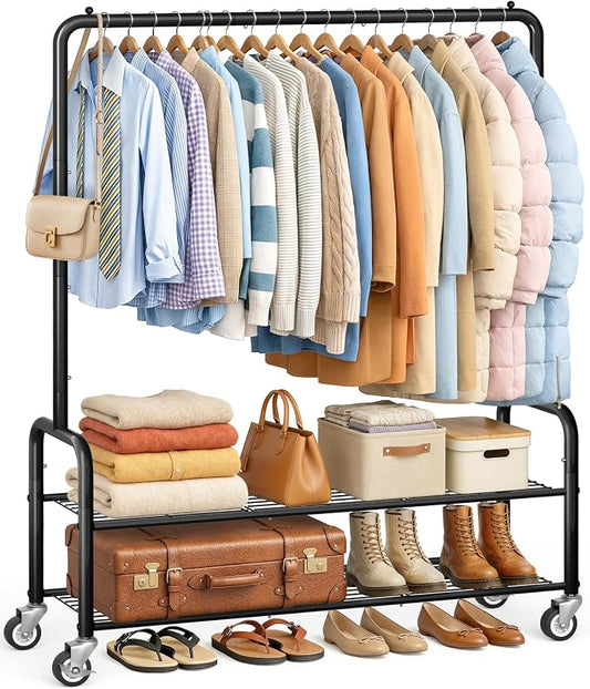 AOODA Heavy Duty Clothes Rack with Shelves, 46.5'' Metal Rolling Clothing Racks for Hanging Clothes, Wardrobe Garment Rack with Lockable Wheels for Coats, Shirts, Shoe Boxes (Black)