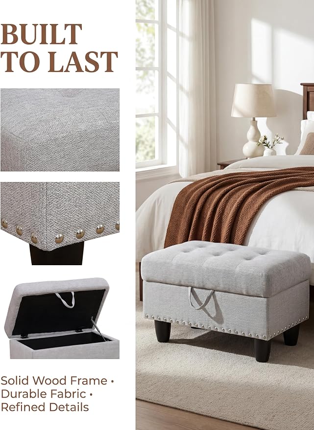 Ottoman with Storage, 28.5 inch Liner Storage Ottoman with Padded Seat, Large Entryway Bench with Solid Wood Frame, Upholstered Sturdy Foot Rest for Living Room, Bedroom, Entryway, Gray White