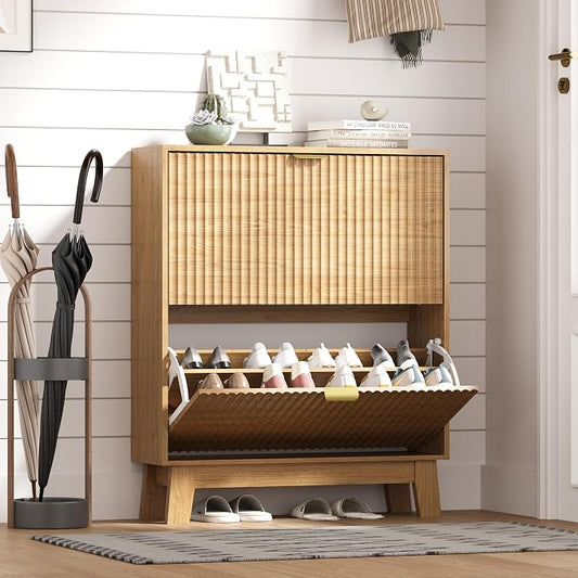 HUANLEGO Shoe Cabinet Storage for Entryway with 2 Flip Drawers, Fluted Narrow Shoe Organizer with Wooden Legs, Freestanding Slim Shoe Storage Hidden Shoe Rack Organizer for Front Door Entrance, Oak