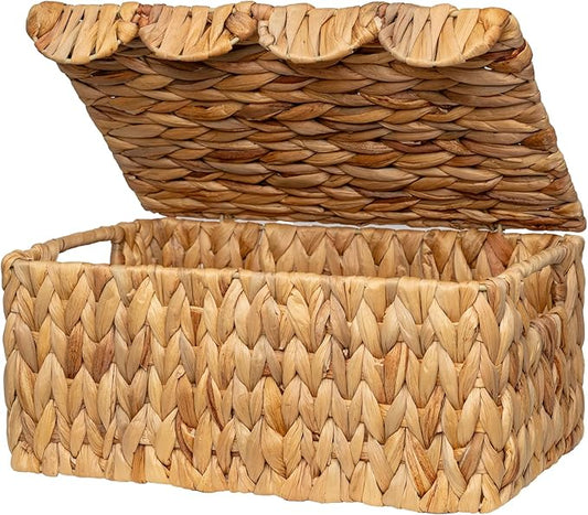 StorageWorks Wicker Basket with Scalloped Edge Lid, Handwoven Water Hyacinth Baskets for Bedroom, Living Room, 13" L x 9 ½" W x 6" H | Rattan Storage Baskets With Scalloped Edge, Basket With Lid Decorative Storage, Woven Wicker Basket For Living Room, ...