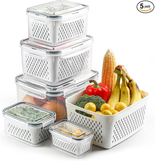 5 Set Fruit Storage Containers for Fridge with Colander, Produce & Veggie | Dishwasher safe, leakproof BPA-free plastic, stackable vegetable& fruit saver for refrigerator, keep berry salad meat fresh
