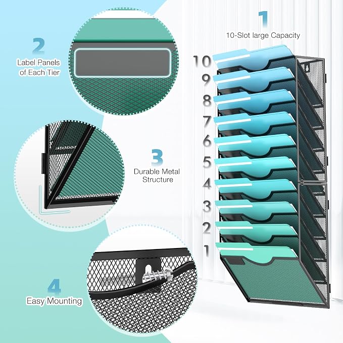 Gawerk 10-Tier Wall File Organizer Hanging Wall File Holder for Office | Wall Mount Paper Folder Organize, Mesh Magazine Document Mail Organizer Wall Organizer for Office School Home, Black