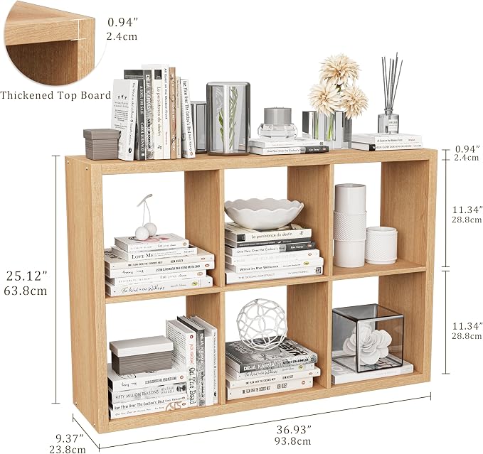 VDNEND Cube Storage Organizer Bookcase, Decorative 11 inch Open Back Cubical Shelf with Thickened Border, Display Bookshelf for Living Room, Home Office, Sturdy Room (Natural Oak, 6 Cube)