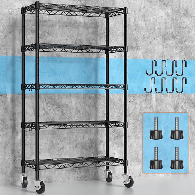 Hodonas Wire Shelving, 1900lbs Capacity 5 Tier Heavy Duty NSF Wire Shelf with Rolling Wheels Black Metal Storage Shelves Adjustable Wire Rack Unit 36"W x 14"D x 72"H for Kitchen Bathroom Garage Closet | 5 Tiers, Adjustable Metal Shelves, with Leveling ...