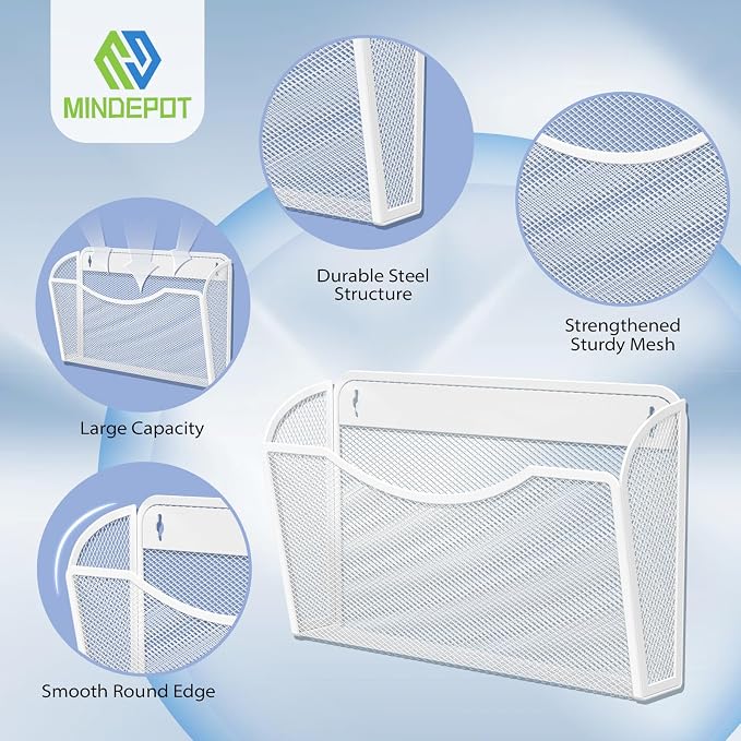MINDEPOT Wall File Organizer, Hanging Wall File Holder, 6 Pack, Black | Heavy Duty Iron, Metal Mesh Wall Mount, Single Pocket, Mail Organizer, for Office School Classroom Home, Letter A4 Size