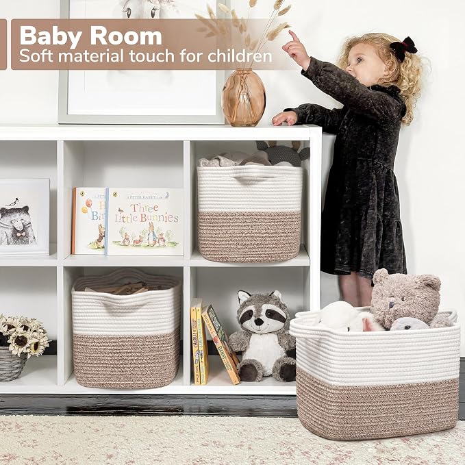 Goodpick Cotton Rope Storage Basket with Handles, 13" x 10" x 9", Brown | Toy, Book & Towel Storage, Closet & Shelves Organization, Decorative Rectangle Woven Design, Home Decor