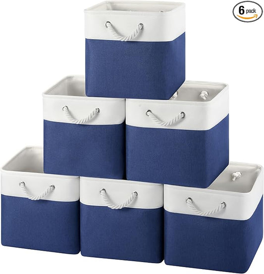 12x12 Inch Fabric Cube Storage Bins with Cotton Rope Handle 6-Pack | Top Support of Metal Frame, Bottom with Cardboard Support, Foldable Storage Bins for Closet, Bedroom, White Blue