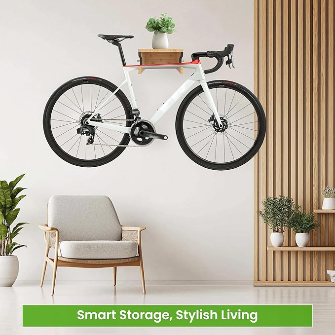 Wooden Bike Wall Mount w/Shelf & Hooks, Road Bike Storage Decor | Solid Wood Rack w/ Angled Slot & Non-Slip Padding Protects Frame. Top Shelf & 4 Hooks For Gear. Stylish For Apartments