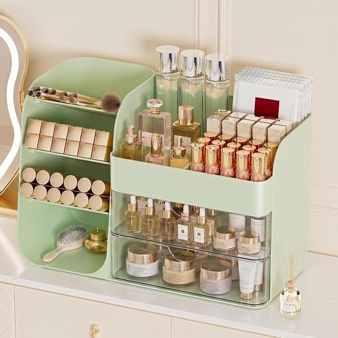 Booklov Small Makeup Organizer for Vanity Countertop, Green | Clear Acrylic Cosmetic Display Case, Beauty Brush Holder for Bathroom Counter, Make Up Skincare Lipsticks Storage