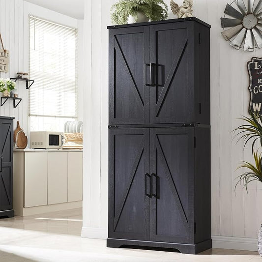 72" Tall Wooden Pantry Storage Cabinet with Door Shelves & Drawer | Farmhouse, Barn Doors, Adjustable Shelves, Freestanding, Anti-tip Kit, for Kitchen, Dining Room, Living Room