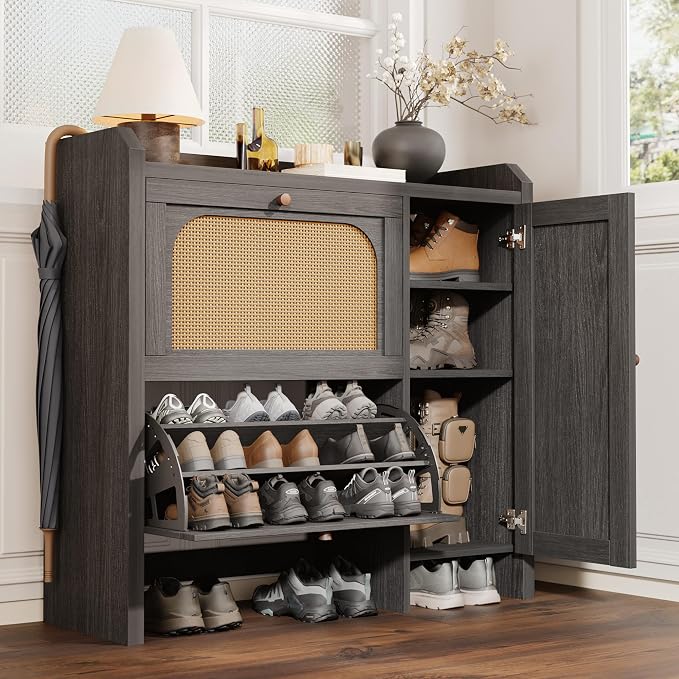 Shoe Cabinet Storage for Entryway with 2 Flip Drawers(3-Tier), Rattan Freestanding with Door & 3 Adjustable Shelve,Hidden Shoe Rack Organizer for Hallway, Foyer