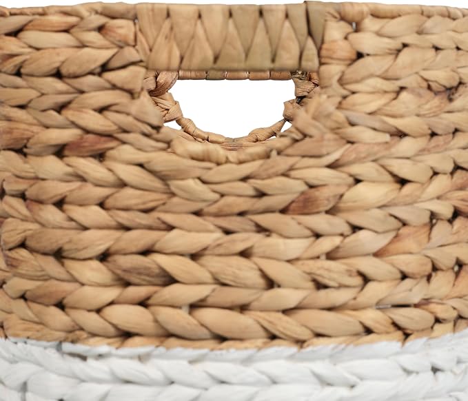 happimess Avery 3-Piece Cylinder Nesting Baskets 13", White/Natural | Hyacinth, Bohemian Cottage Style, Handwoven Wicker, Iron Metal Frame, Decorative Storage For Toys And Books, Built In Handles