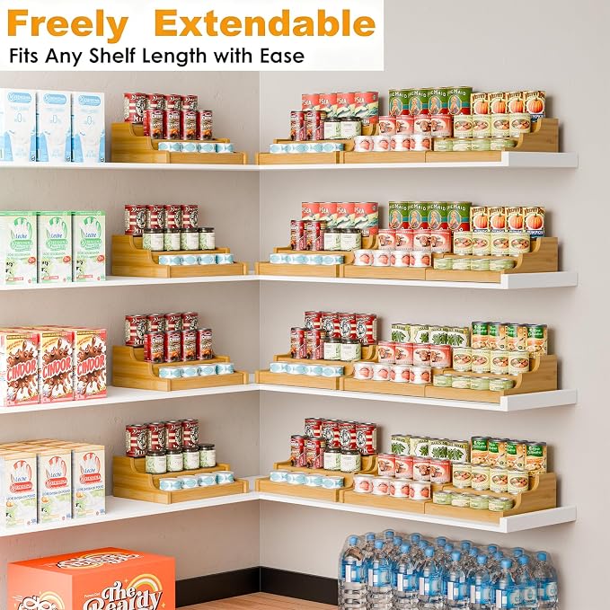 Simple Trending Expandable Bamboo Can Rack Organizer for Pantry, 3-Tier Adjustable Can Storage Holder Holds Up to 24 Cans, Canned Goods Storage Display for Cabinet, Countertop