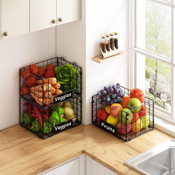 3 Pack XL Stackable Wire Baskets with Handle, Pantry Organizers and Storage | Snack Organizer & Vegetable Basket & Metal Pantry Bin & Fruit Basket for Kitchen Counter