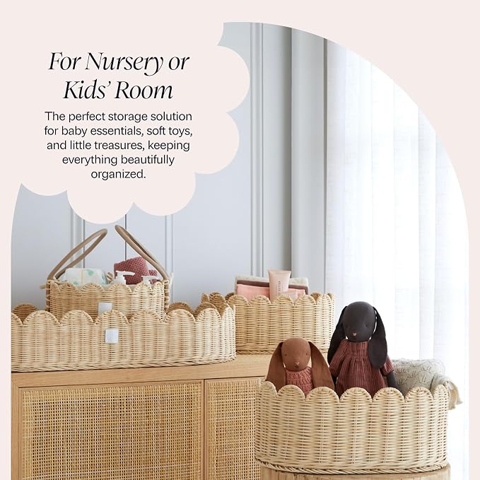 BEBE BASK Premium Scalloped Basket Set of 2 (16x10x7 In) - Storage Baskets | Handwoven Rattan, Scallop Basket, Wicker Basket With Scalloped Edge, Nursery Storage, Set of 2, Natural