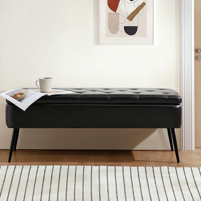 kinmars Leather Storage Ottoman Bench, End of Bed Bench with Steel Legs | Black Leather Button Tufted Design | 660 lb Capacity | Safety Hinges | Mid-Century Modern Style | Bedroom & Entryway