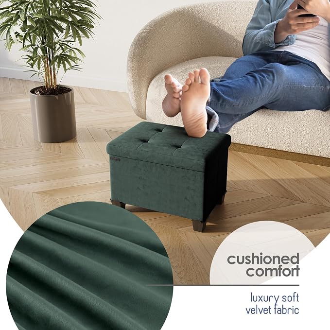 Storage Ottoman Cube with Small Bin, 16-in Square Ottoman with Storage for Living Room and Bedroom, Small Ottomans Foot Rest, Velvet Foot Stools Ottomans Max 330lbs, Green