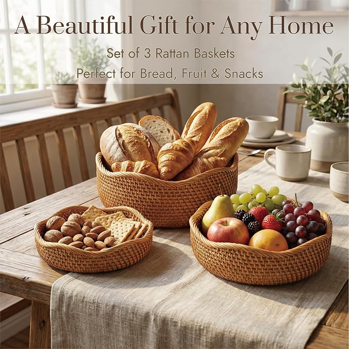 YANGQIHOME Rattan Bread Basket, Round Fruit Baskets, Wicker Storage Bowls, Natural Woven Serving Basket Bowls, Decorative Baskets for Kitchen Counter Organizing