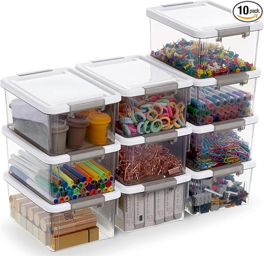Citylife 1.32 QT 10 Pack Small Storage Bins Plastic Storage Container Stackable Box with Lids for Organizing, Clear Grey. | Plastic Containers for Beads, Buttons, Sewing Supplies, Office Supplies and Toys, Clear Grey 6.9"*5.1"*3.2"