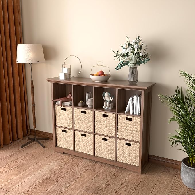 OSCHF 12-Cube Open Bookcase with Base, 3-Tier Wooden Bookshelf, Walnut | Curved Base, Crown Molding, Fits 11×11" Bins, Modern Storage Cabinet for Living Room, Bedroom, Home Office