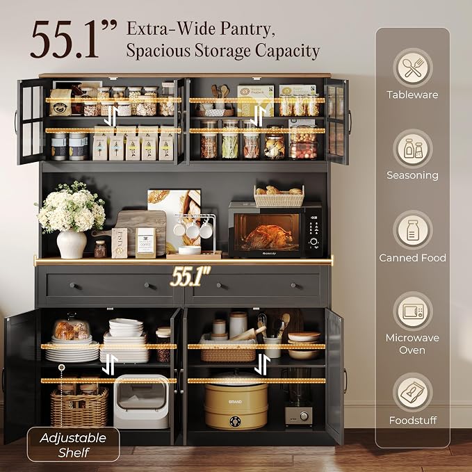 71''H x 55.1''W Pantry Cabinet with Charging Station, 4 Wide Cabinets Kitchen Pantry with 2 Drawers, Farmhouse Hutch Storage Cabinet, Tall Coffee Bar, Acrylic Door, Adjustable Shelves, Black