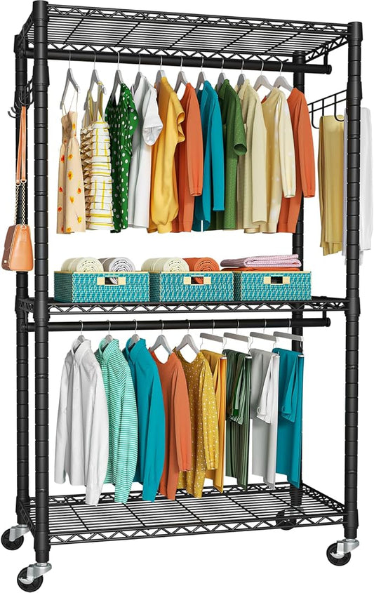 FUTASSI P1 Heavy Duty Garment Rack, Rolling Closet Organizer with Wheels | 3-Tier Freestanding Metal Clothes Clothing Wardrobe System with Double Hanger Rods and Hooks, Max Load 450lbs, Black