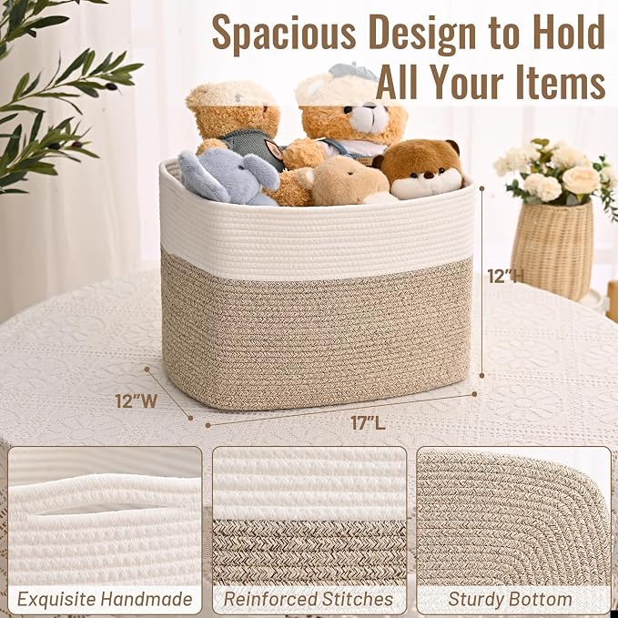 3 Pack Cube Storage Bin, 17”x12”x12” Cotton Rope Woven Baskets for Organizing Toys Clothes Towels, Square Gift Storage Baskets for Shelves, Nursery, Closet, Bathroom, Pantry (White & Jute)