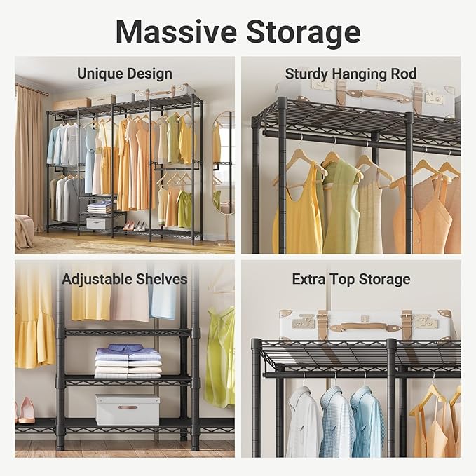 VIPEK V40 Heavy Duty Clothes Rack, Modular Closet System Clothing Rack | 76 inch Adjustable Open Clothing Storage System with 6 Shelves & 4 Hang Rods for Bedroom/Reach-in Closet, Black