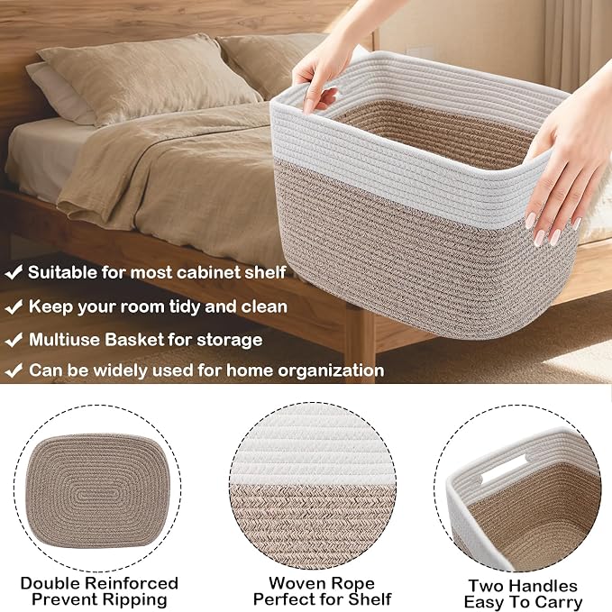 3 Pack Woven Baskets,Storage Baskets for Shelves with Handles | 13.5"×11"×9.5" Closet Baskets, Nursery Organizer for Toys Towels Books, Storage Bin for Living Room Bedroom (White&Brown)