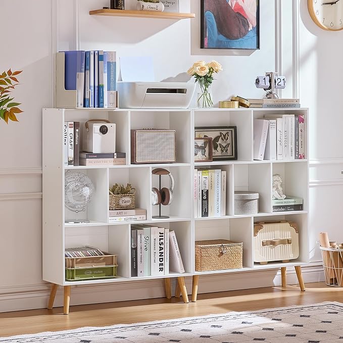 LEYAOYAO Cube Bookshelf, Mid-Century Modern Book Shelf with Legs, White | 3 Tier Bookcase, Rustic Wood Bookshelves Freestanding Small Storage Organizer, Open Shelves for Bedroom, Living Room, Office