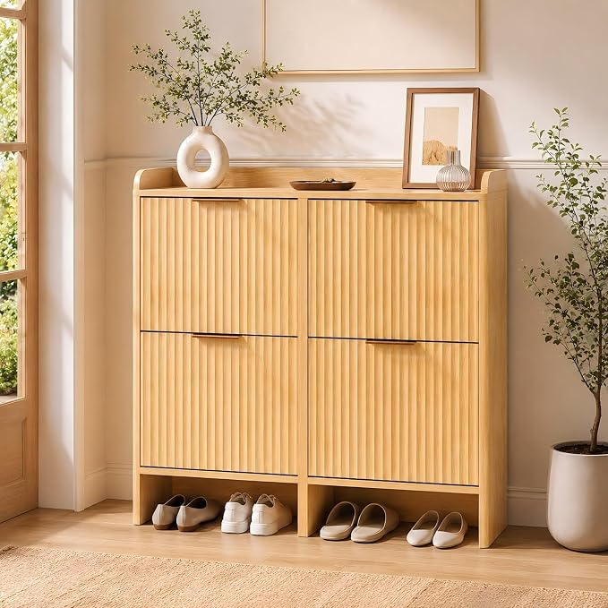 VINGLI 43.5" Large Oak Fluted Shoe Storage Cabinet with 4 Flip Drawers, Slim Entryway Shoe Organizer with Unique Curved Side Panels, Natural Wood Shoe Rack for Hallway, High Capacity Hidden Shoe Shelf
