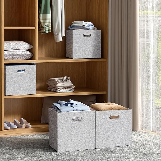 Posprica Collapsible Storage Bins,13×13 Foldable Storage Cube Boxes Fabric Drawer Fabric Storage Bins Vinyl Record Woven Gray, 4 Pack