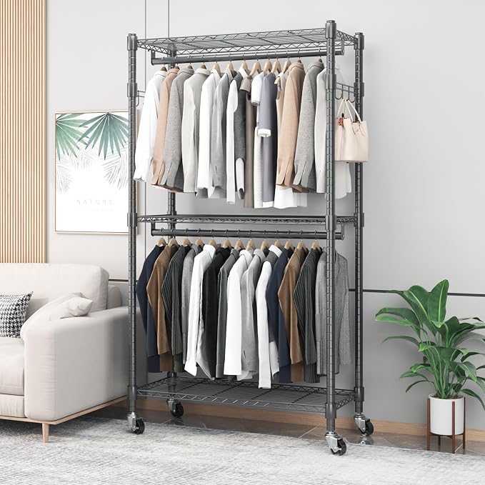 BATHWA Rolling Tall Garment Rack with 2 Rods & 3-Tier Adjustable Shelves, 35.5" W x 16.5" D x 80.7" H, Heavy Duty Clothes Hanging Racks Portable Wardrobe Closet Organizer for Bedroom, Laundry, Black