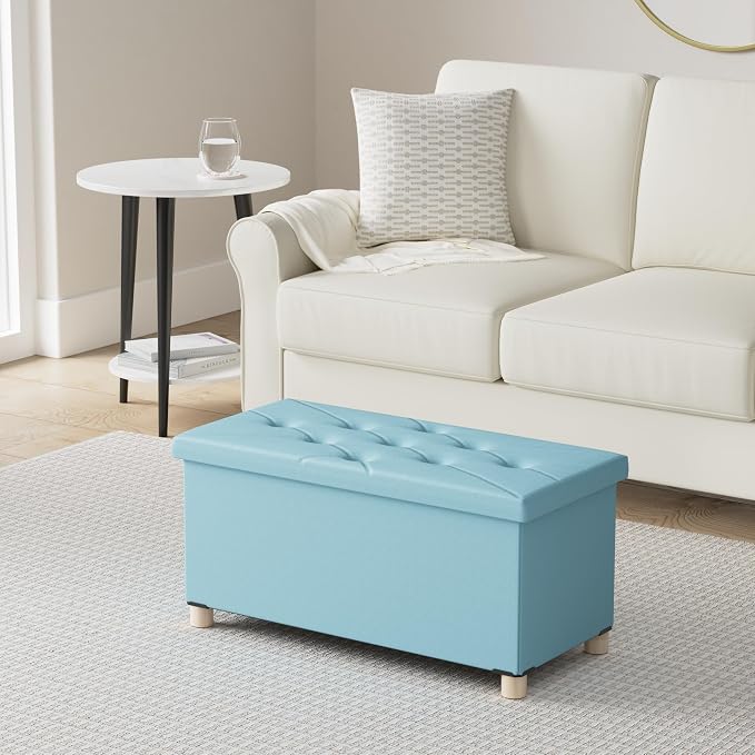 BRIAN & DANY 30 Inches Folding Storage Ottoman Bench, Ottoman with Storage for Living Room, with Wooden Feet and Lid, Teal