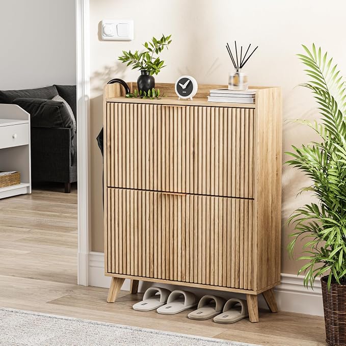 Fluted Shoe Cabinet Storage with 2 Flip Drawers, Wood Narrow Hidden Shoe Organizer with Adjustable Shelf for Entryway, Freestanding Slim Shoe Rack for Hallway Living Room, Saving Space, Oak