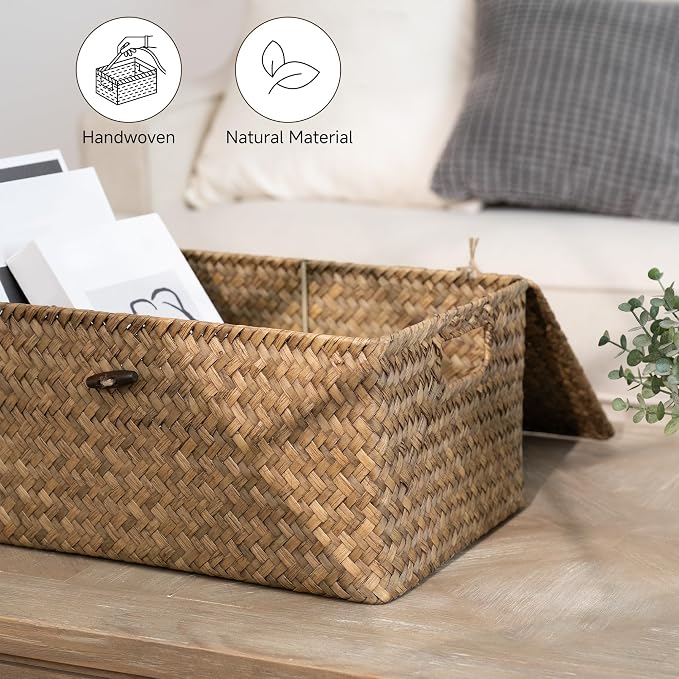 StorageWorks Wicker Baskets with Lid for Organizing, Seagrass Storage Baskets for Shelves, Decorative Box with Built-in Handles, Brown, Medium, 1 Pack