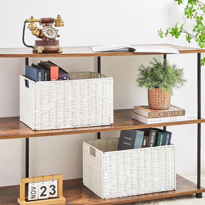 Vagusicc Wicker Storage Basket, Set of 2 Hand-Woven Paper Rope Wicker Basket, Small Storage Baskets for Organizing Toilet Paper Basket, Foldable Large Cube Storage Organizer Bins for Shelves (White)