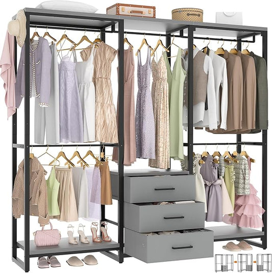 Aheaplus Garment Rack Heavy Duty Clothes Rack for Hanging Clothes,Clothing Rack with Drawers, Wood Stoarge Shelf Freestanding Closet Wardrobe Rack, Corner L Shaped Closet System Organizers, Grey