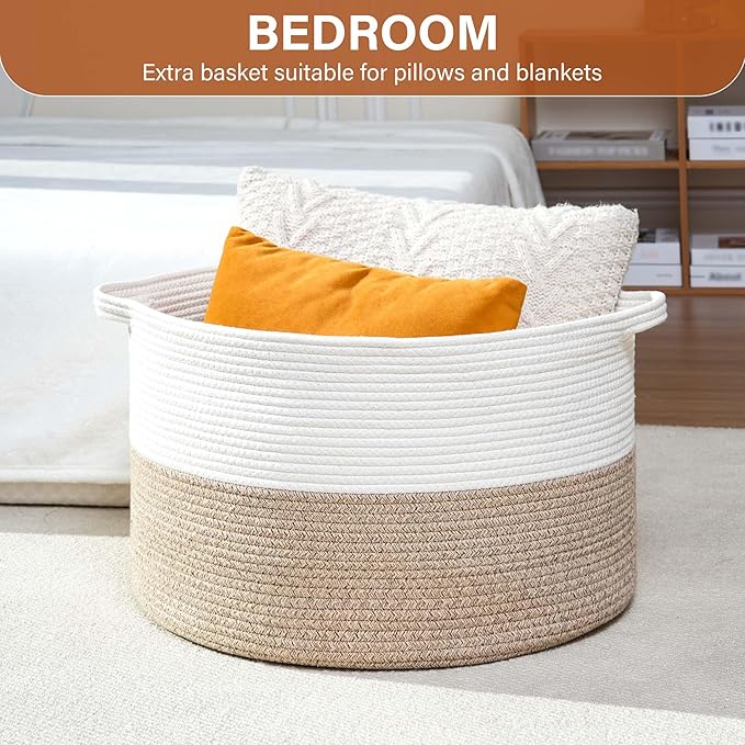 Foldable Laundry Hamper Basket with Collapsible Handle Cotton Rope Soft Woven Fabric Storage Organizer Clothes Toys Nursery Bedroom Dorm Space Saving Bin (White & Brown, 65L(19.7"D x 12.6"H))