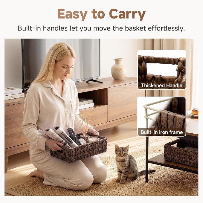 StorageWorks Wicker Baskets for Storage, Water Hyacinth Storage Baskets for Organizing, Wicker Storage Baskets for Shelves, Brown, 2-Pack, 11¼" x 7½" x 3½"