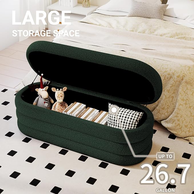 Busaurus Storage Ottoman Bench 49.2 Inch Upholstered Fabric Storage Bench for Bedroom End of Bed Aesthetic Large Oval Ottoman for Living Room(Dark Green)
