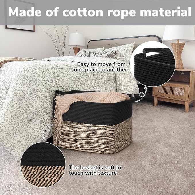Goodpick 50L Large Wicker Blanket Basket, 18" x 14" x 12", Black Jute | Blankets, Pillows & Toys Storage, Decorative Storage Basket for Living Room & Bedroom Organization, Built-In Handles