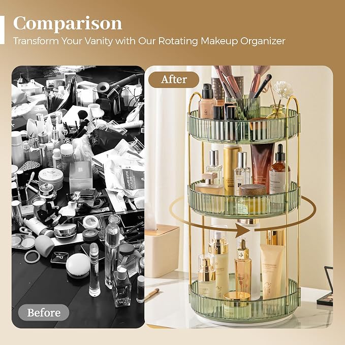 Aveniee 360 Rotating Makeup Organizer for Vanity, Perfume Storage with Brush Holder for Bathroom Countertop, 3 Tier Spinning Skincare Display Case for Lipstick Cosmetic Lotion,Green