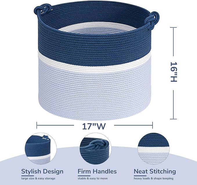 Goodpick 17"x16" Toy Storage for Kids, Home Décor Living Room, Baby Boy Gifts Basket for Nursery Playroom, Soft Woven Cotton Rope Basket for Blankets Pillows Clothes, Blue