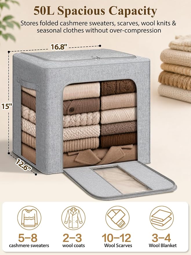 punemi 50L Cashmere Sweater Storage Bag with Steel Frame, 1 Pack, Grey | Natural Cedar Balls Included, Clear Window, for Cashmere, Wool Sweaters & Knitwear, Closet & Bedroom Storage