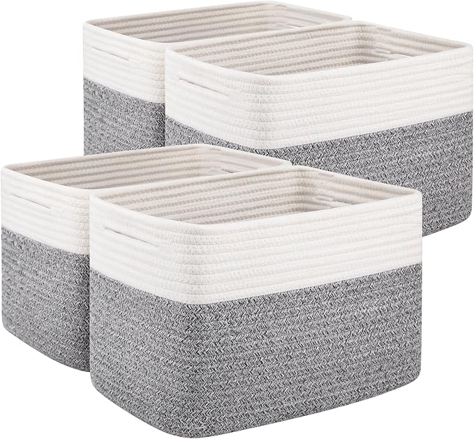 OIAHOMY 4 Pack Storage Basket, 13"x9"x7.8" Cotton Rope Baskets for Shelves, Closet Organizer for Bedroom & Living Room, Soft Decorative Bins for Organizing Towels, Books & Toys, Grey & White