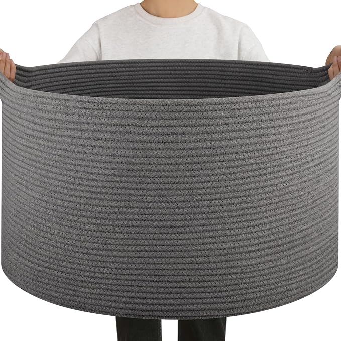 OIAHOMY 90L Extra Large Blanket Basket - Decorative Cotton Rope Storage Basket for Bedroom, Living Room & Nursery - Woven Laundry Hamper for Organizing Blankets, Clothes & Toys - Grey