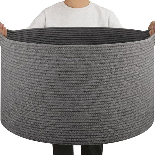 OIAHOMY 90L Extra Large Blanket Basket - Decorative Cotton Rope Storage Basket for Bedroom, Living Room & Nursery - Woven Laundry Hamper for Organizing Blankets, Clothes & Toys - Grey